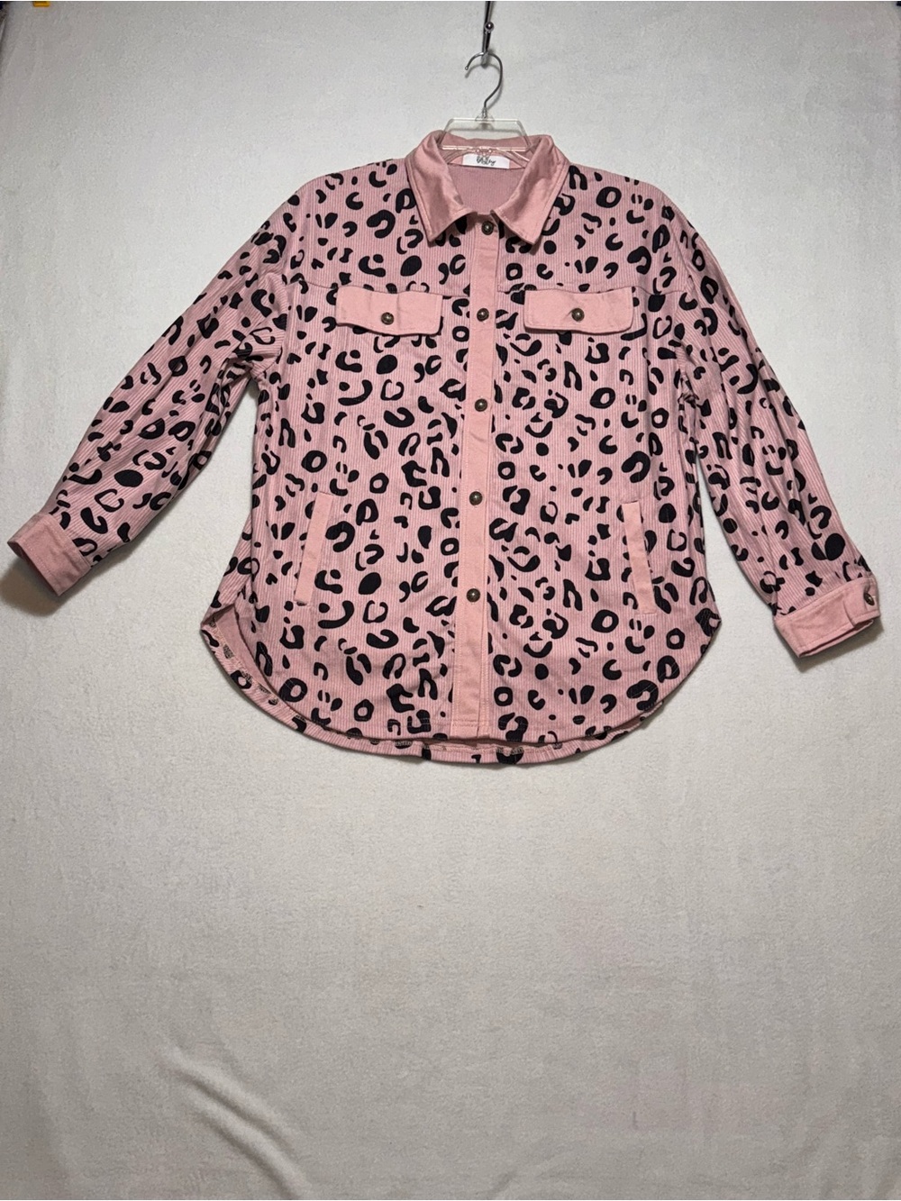 Briley Pink Leopard Print Corduroy Button-Front Shacket Jacket Women Sz M